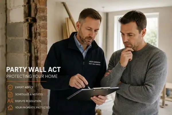 Party wall surveyor Bedford discussing extension plans with homeowner outside a UK semi-detached house.